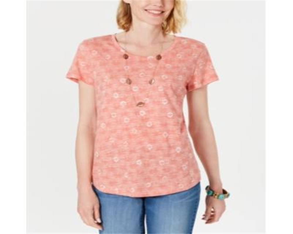 Style & Co Women's Cotton Printed Scoop Neck Top Peach Size Small