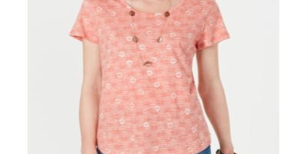 Style & Co Women's Cotton Printed Scoop Neck Top Peach Size Small