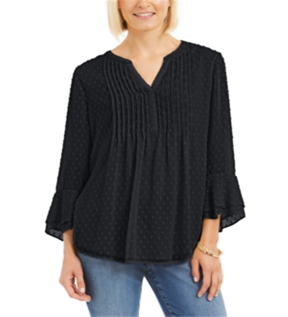 Charter Club Women's Double Ruffle Textured Pintuck Top Black Size Petite S