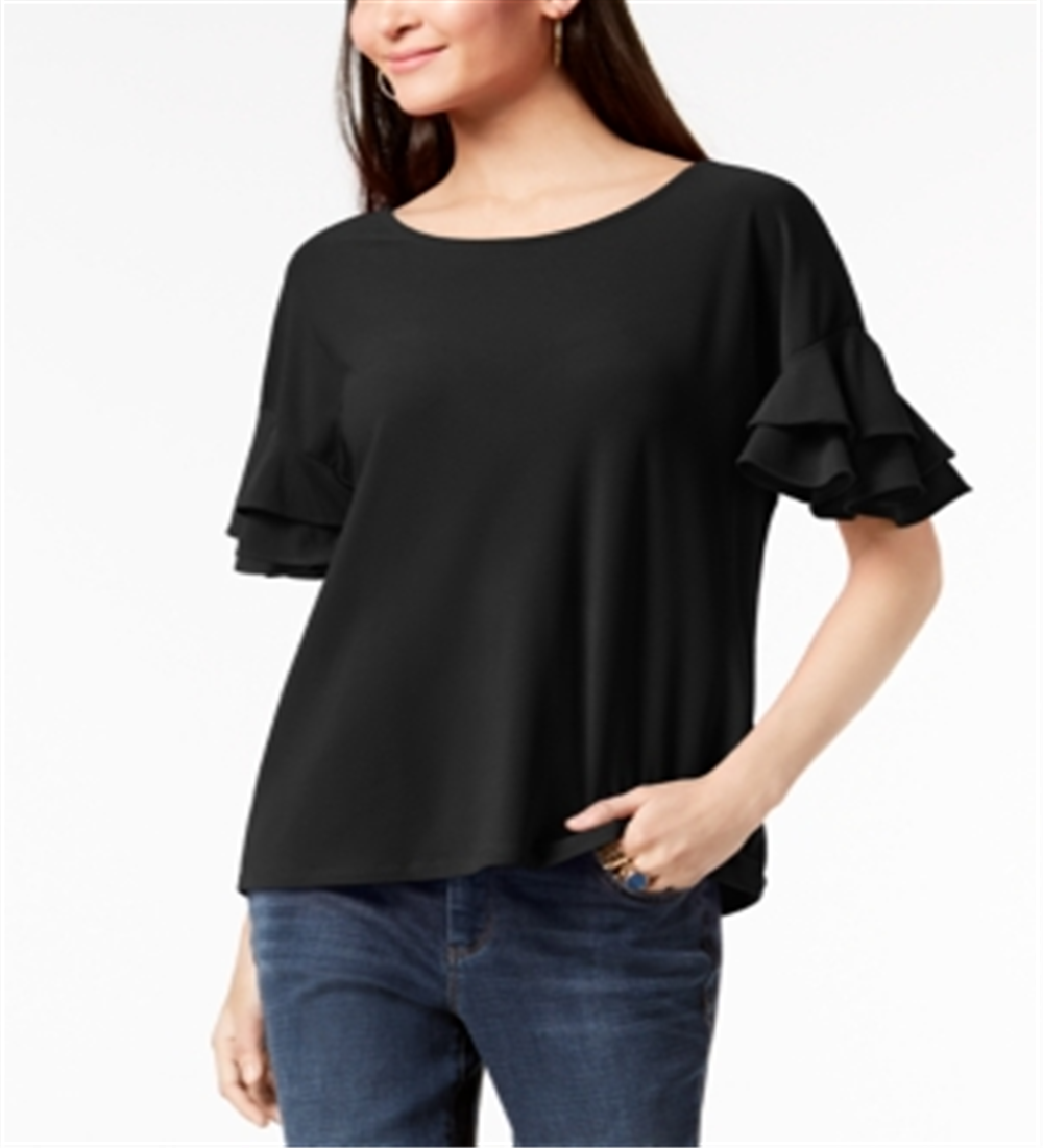 INC International Concepts Women's Ruffled Sleeve Top Black Size Petite S