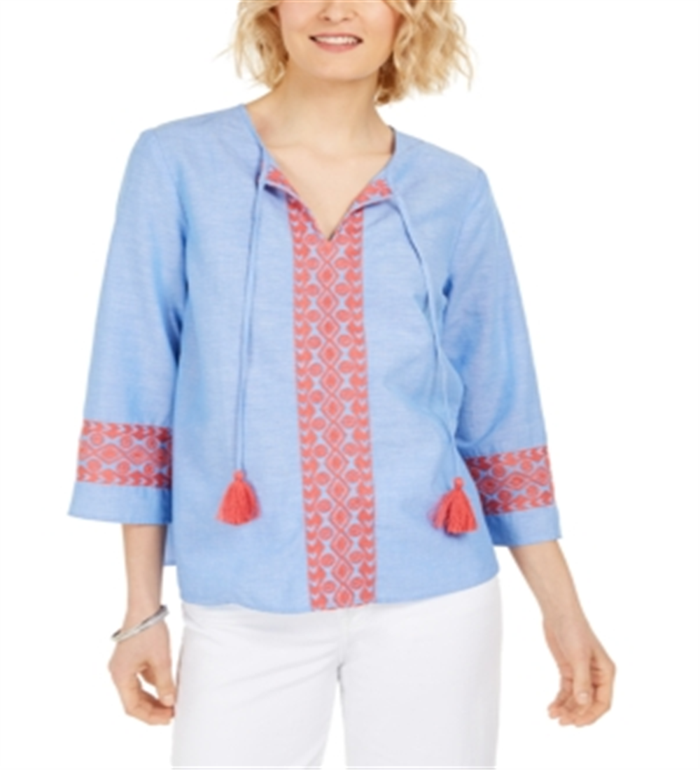 Charter Club Women's Embroidered Tasseled Blouse Blue Size X-Large