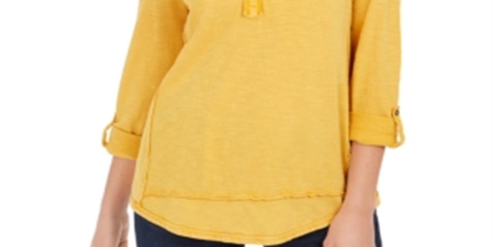 Style & Co Women's Embroidered Cotton Jersey Shirt Yellow Size X-Small