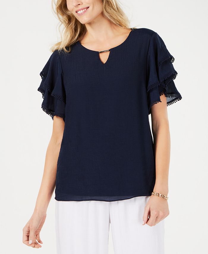 JM Collection Women's Keyhole Gauze Top Blue Size M