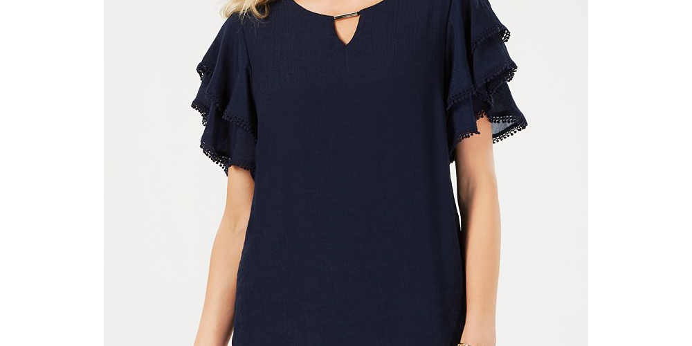JM Collection Women's Keyhole Gauze Top Blue Size M