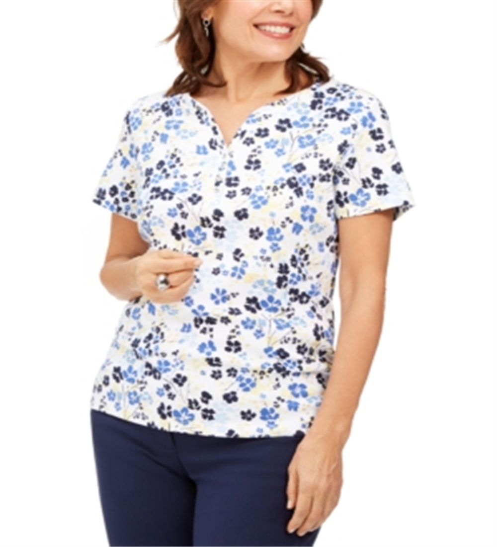 Karen Scott Women's Printed Henley Top White Size Small