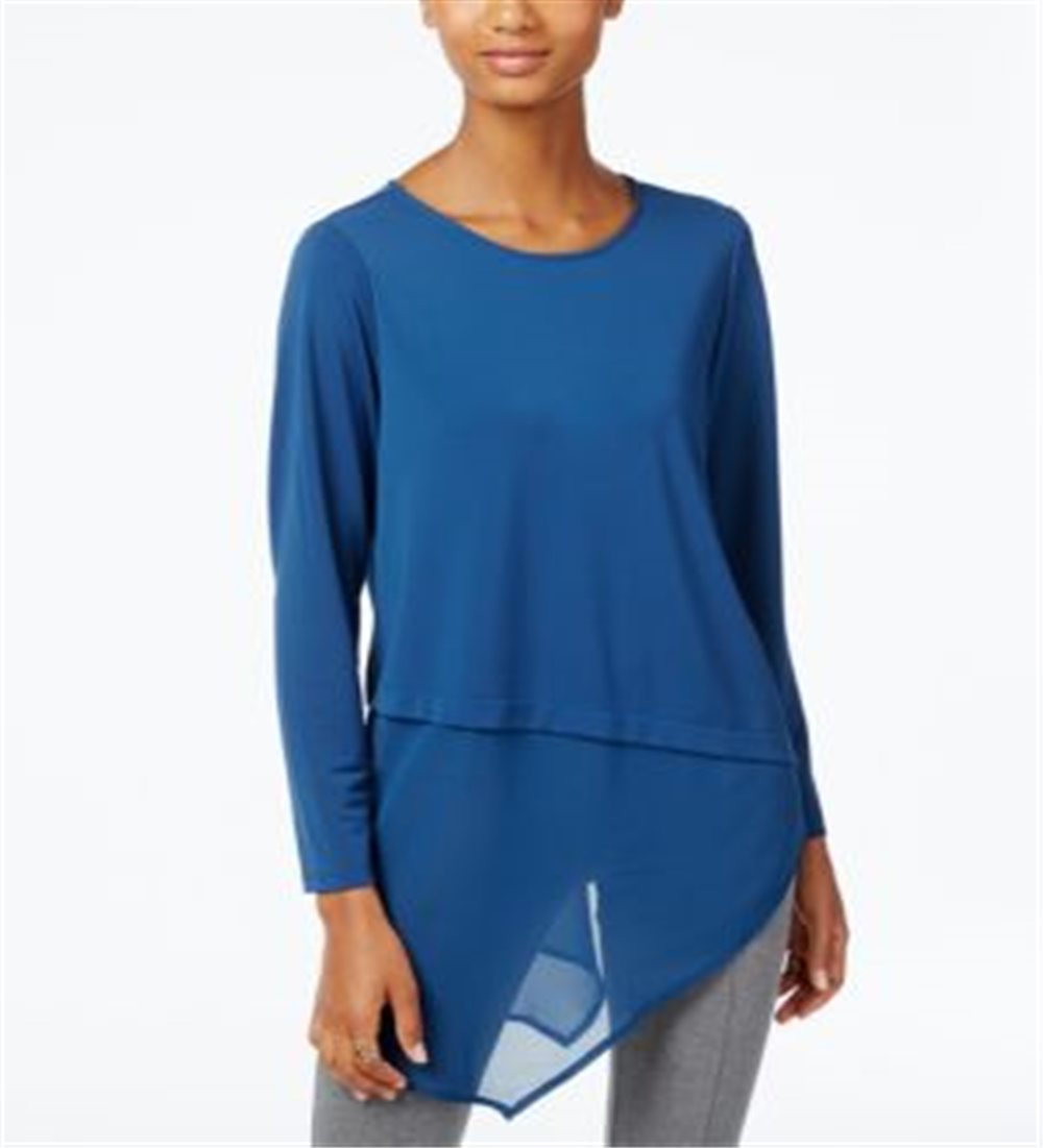 Alfani Women's Asymmetrical Layered Blouse Blue Size Petite Medium