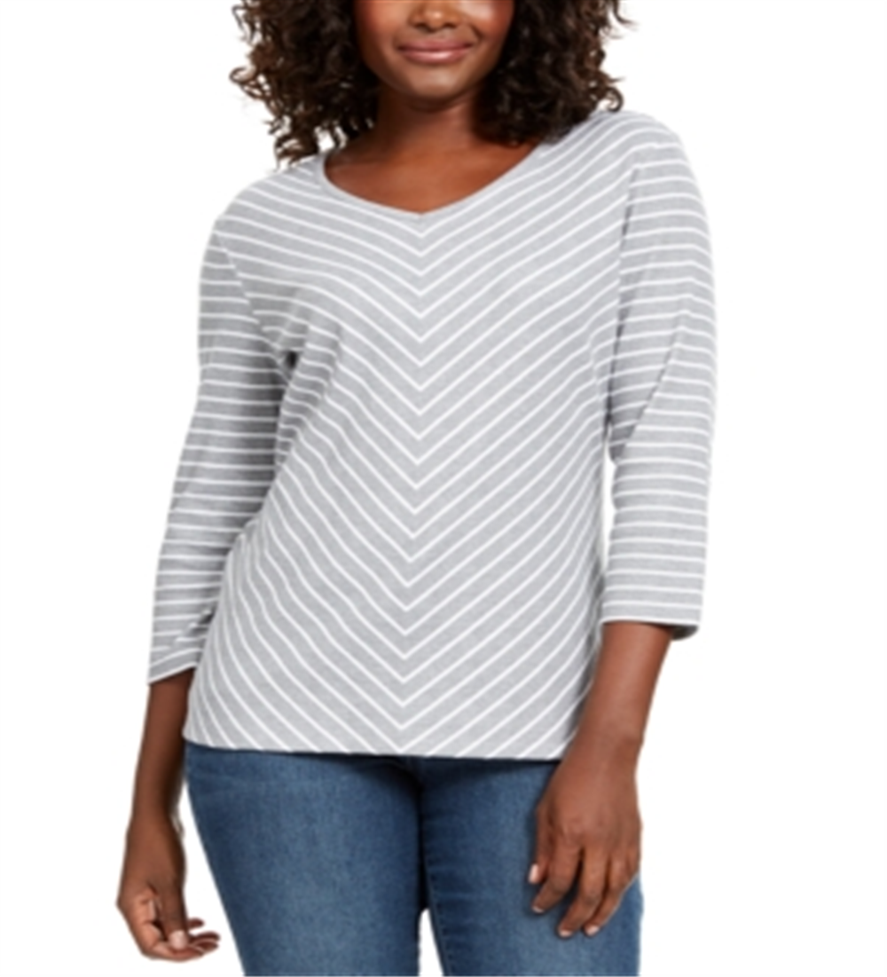 Karen Scott Striped V-Neck Top Grey Size XS