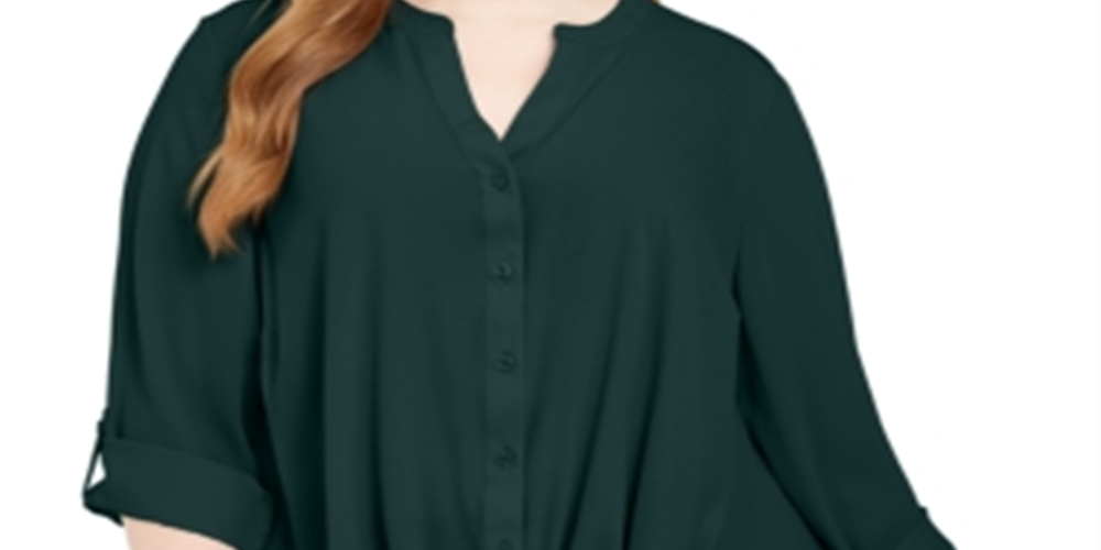 INC International Concepts Women's Plus Twist Front Button Up Top Green Size 0X