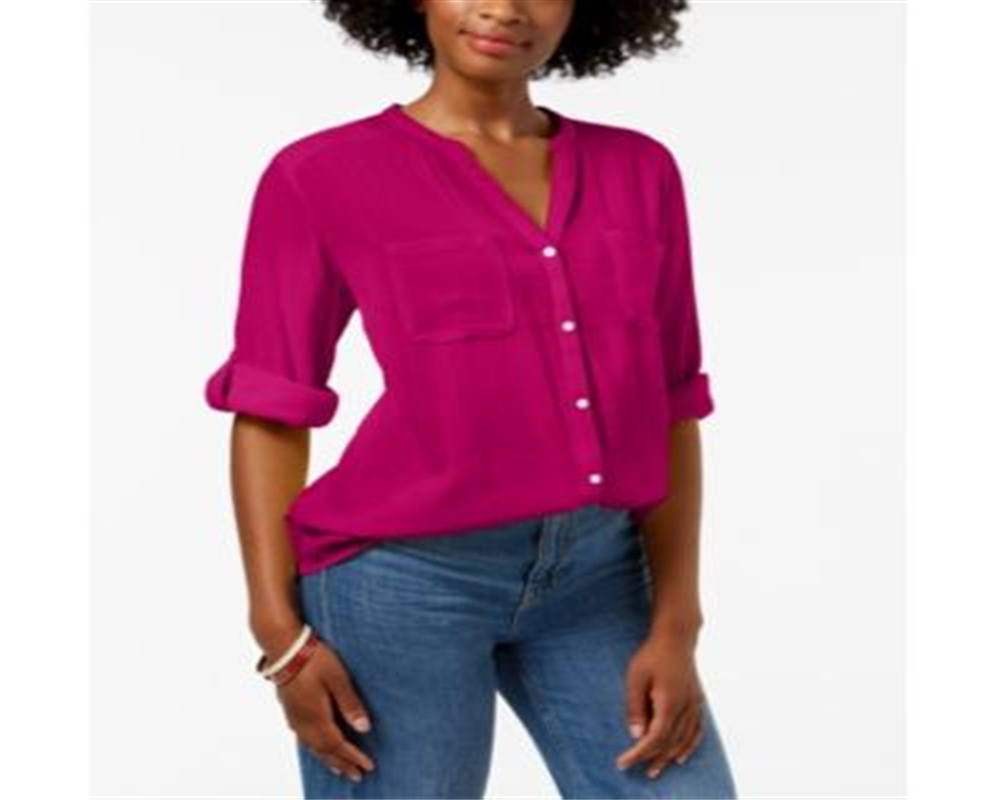 Charter Club Women's Roll Tab Button Down Top Pink Size Small