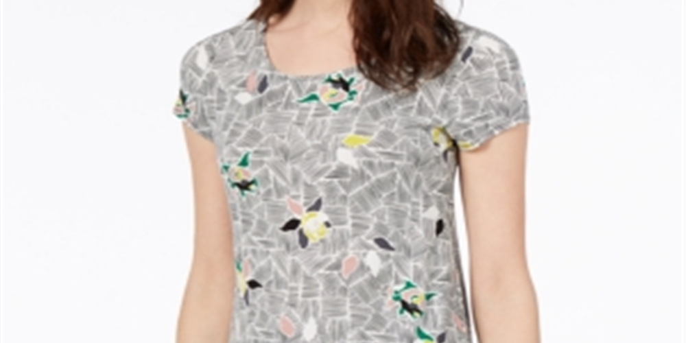 Alfani Women's Printed Round Hem T-Shirt Gray Size Petite Medium