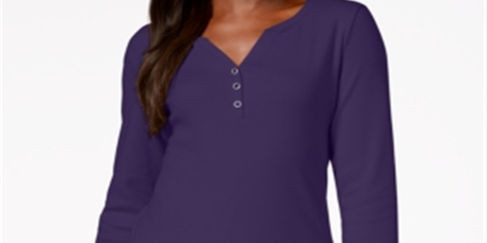 Karen Scott Women's Cotton Henley Neck Top Purple Size Petite S