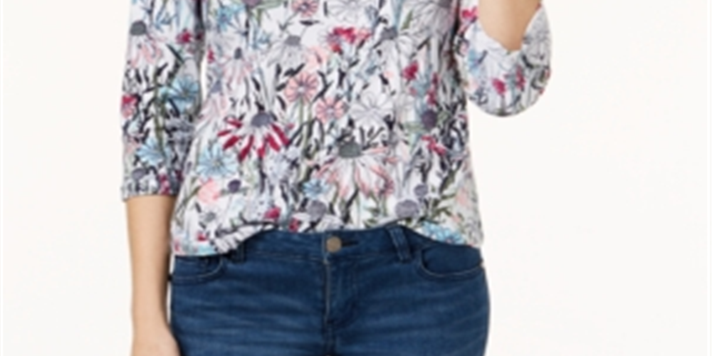 Charter Club Women's Button Shoulder Floral 3/4 Sleeve Top White Size Petite Small