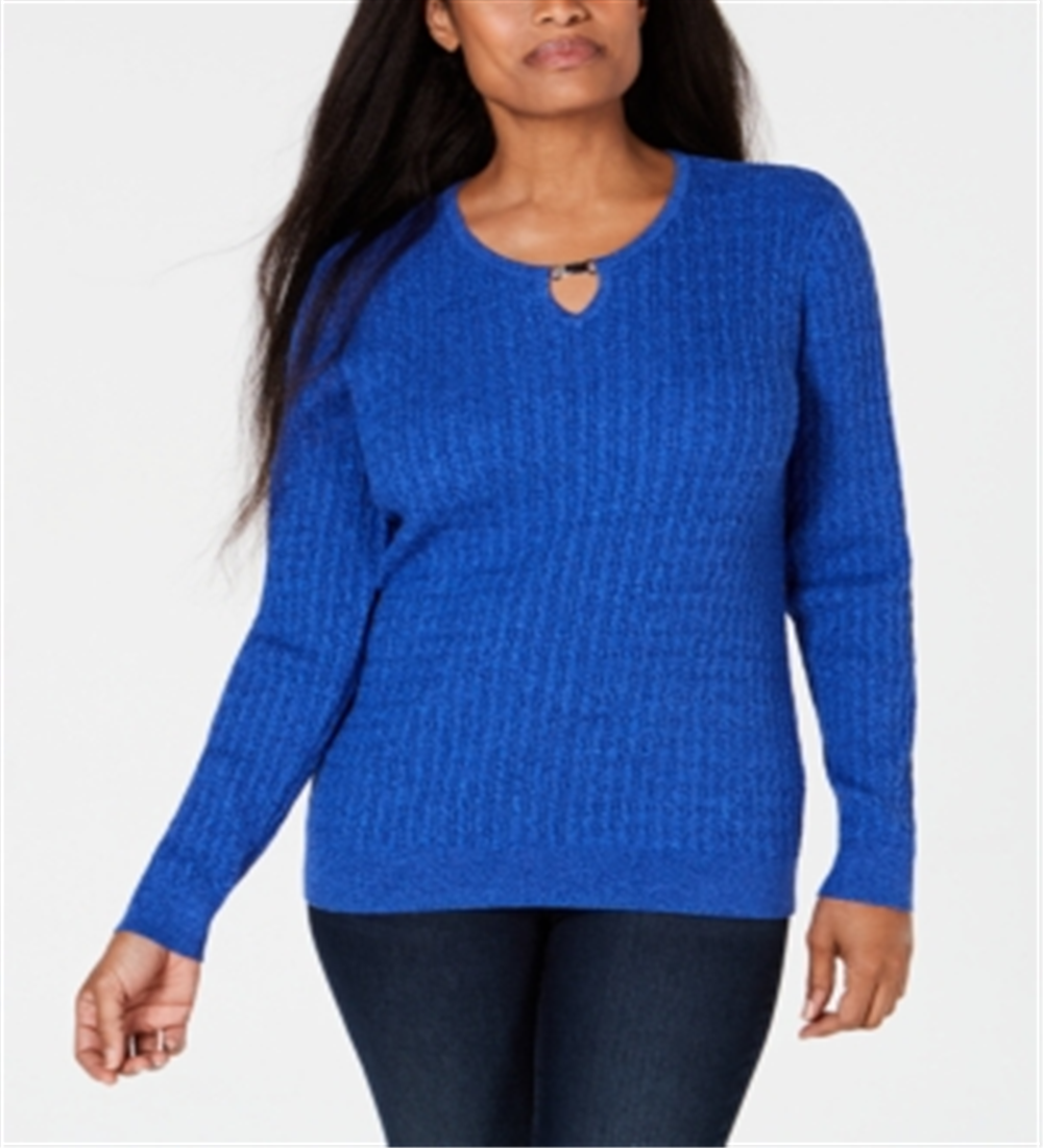 Karen Scott Women's Cotton Cable Knit Keyhole Sweater Blue Size Petite L