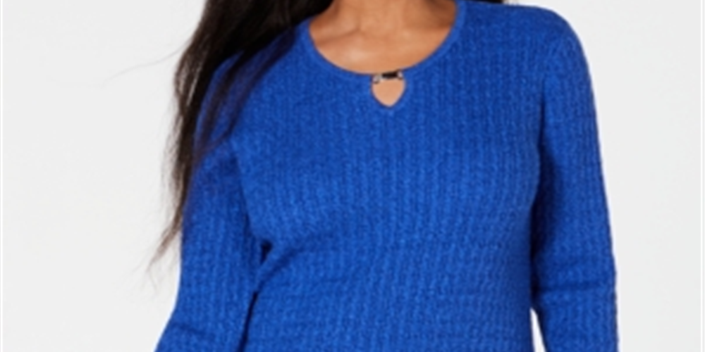 Karen Scott Women's Cotton Cable Knit Keyhole Sweater Blue Size Petite L
