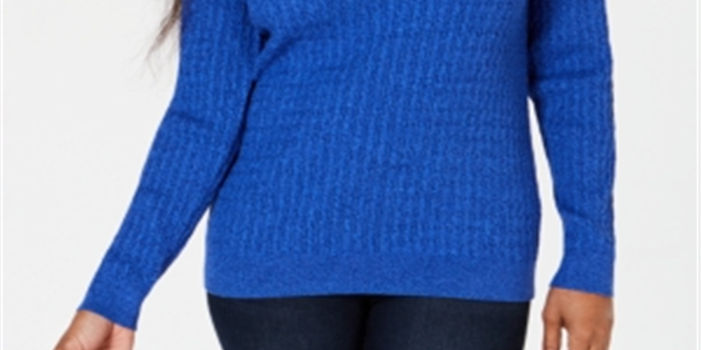 Karen Scott Women's Cotton Cable Knit Keyhole Sweater Blue Size Petite L