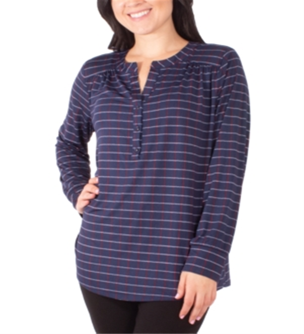NY Collection Women's Printed Henley Top Blue Size Petite Small