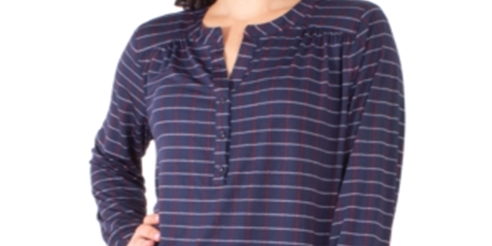 NY Collection Women's Printed Henley Top Blue Size Petite Small