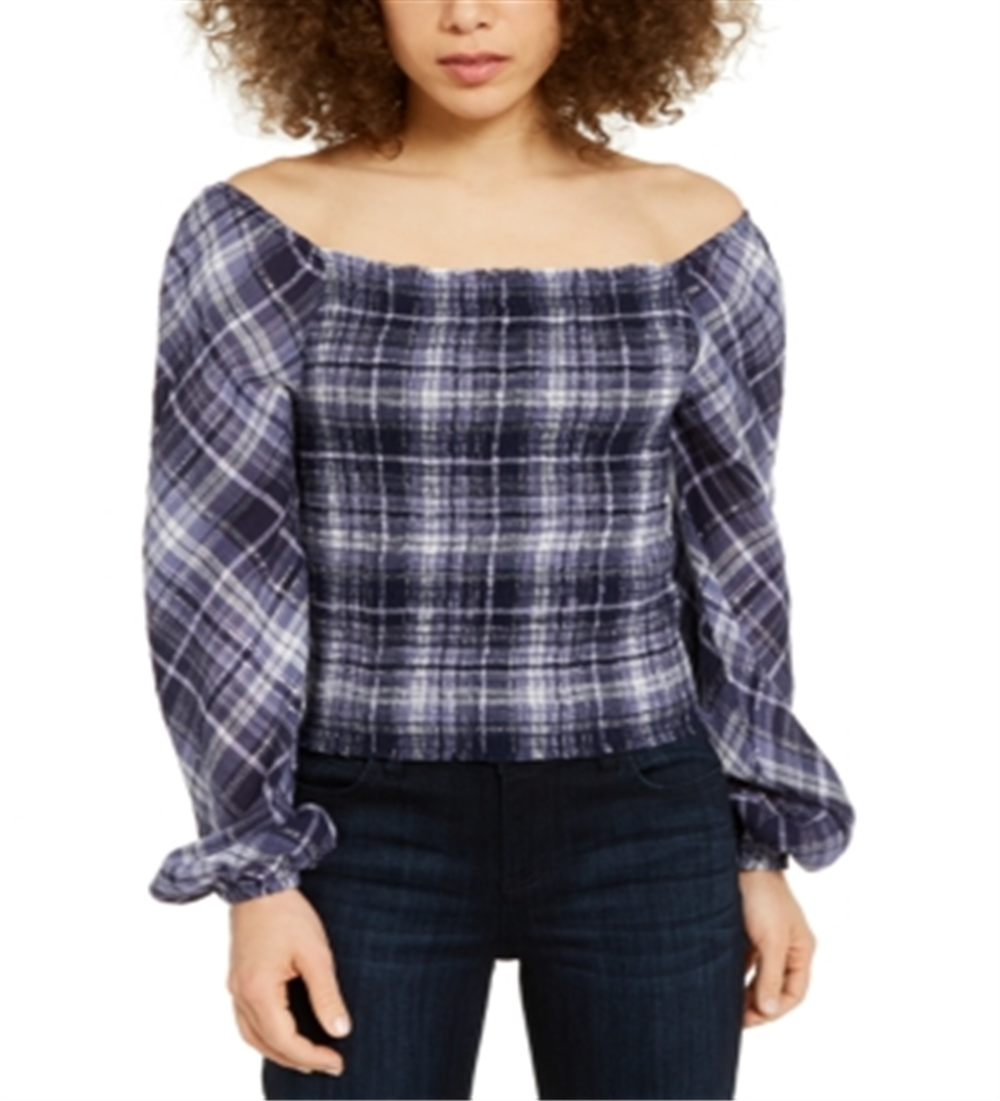 INC International Concepts Women's Plaid Smocked Top Blue Size X-Large