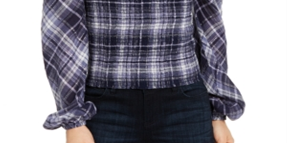 INC International Concepts Women's Plaid Smocked Top Blue Size X-Large