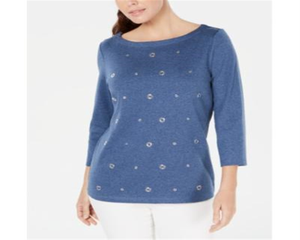 Karen Scott Women's Cotton Grommet Top Blue Size Large