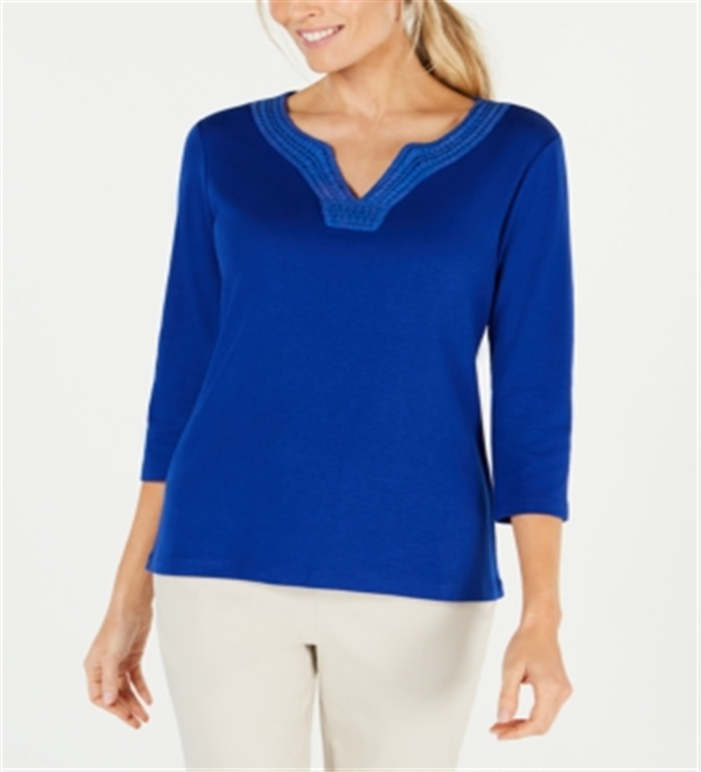 Karen Scott Cotton Crochet-Trim Split-Neck Top Blue Size L