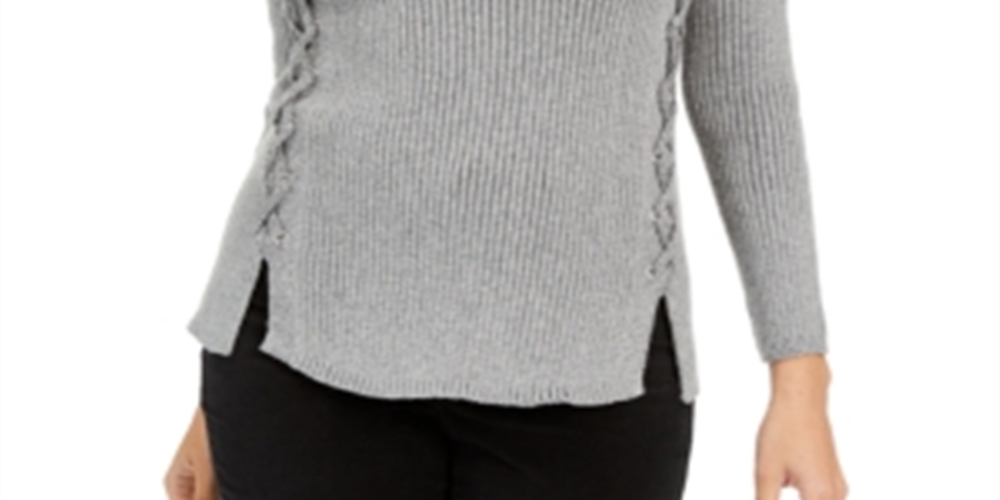Style & Co Women's Mock Neck Lace Up Sweater Gray Size Petite M