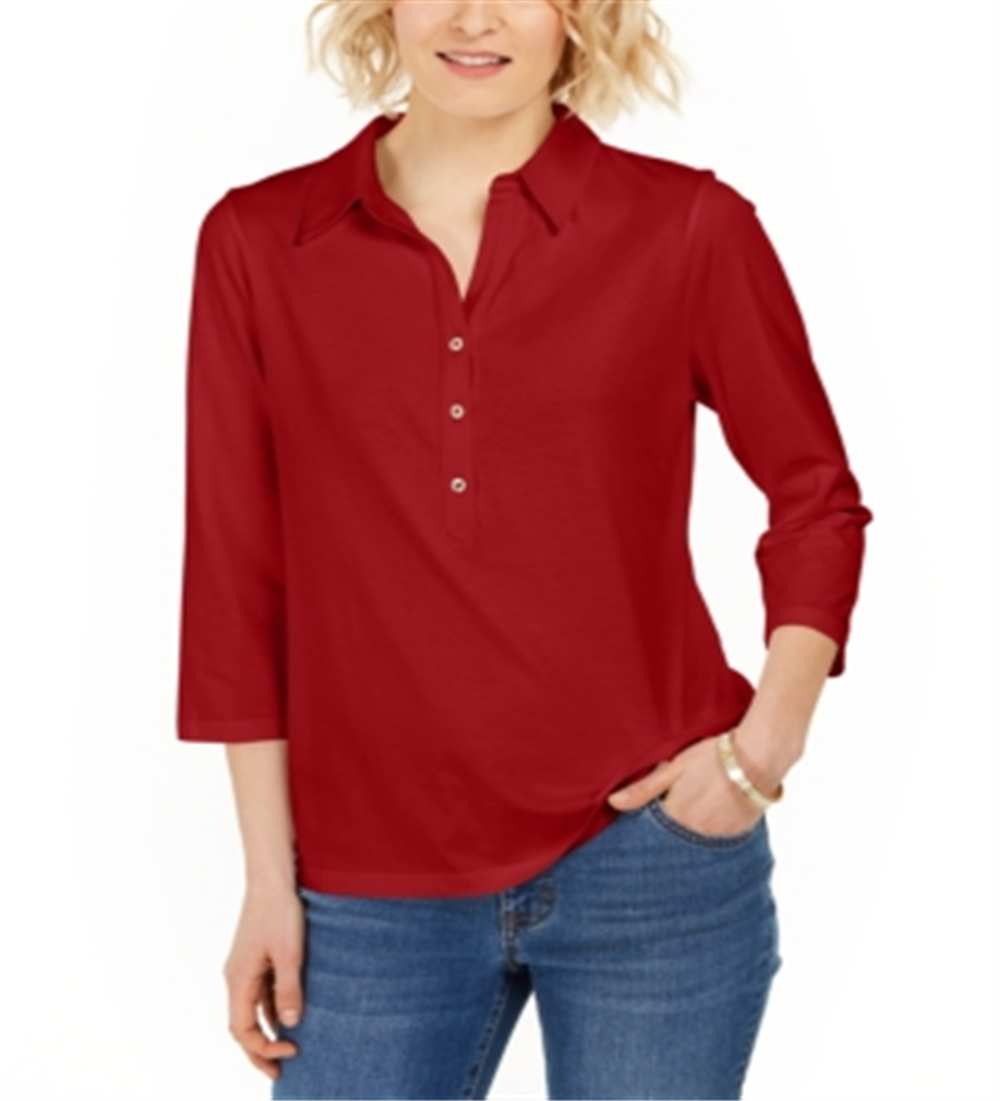 Charter Club Women's Supima Cotton 3/4 Sleeve Polo Red Size Small