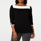 Karen Scott Women's Contrast 3/4 Sleeve Cotton Sweater Black Size Small