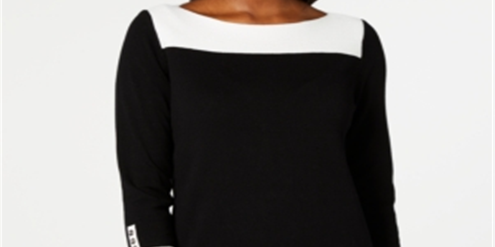 Karen Scott Women's Contrast 3/4 Sleeve Cotton Sweater Black Size Small