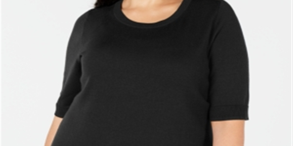 Charter Club Women's Ribbed Trim Short Sleeves Crewneck Sweater Black Size 1X