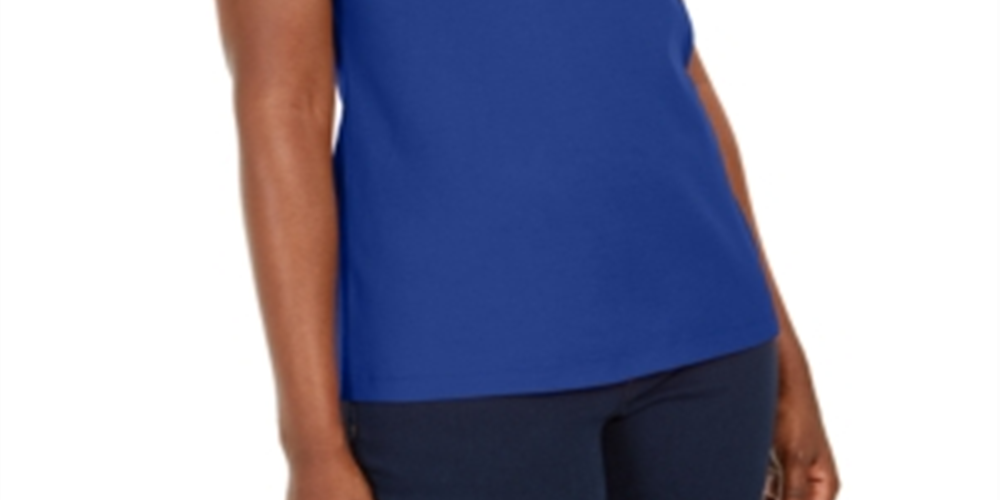 Karen Scott Women's Crochet Trim Split Neck Top Blue Size Medium
