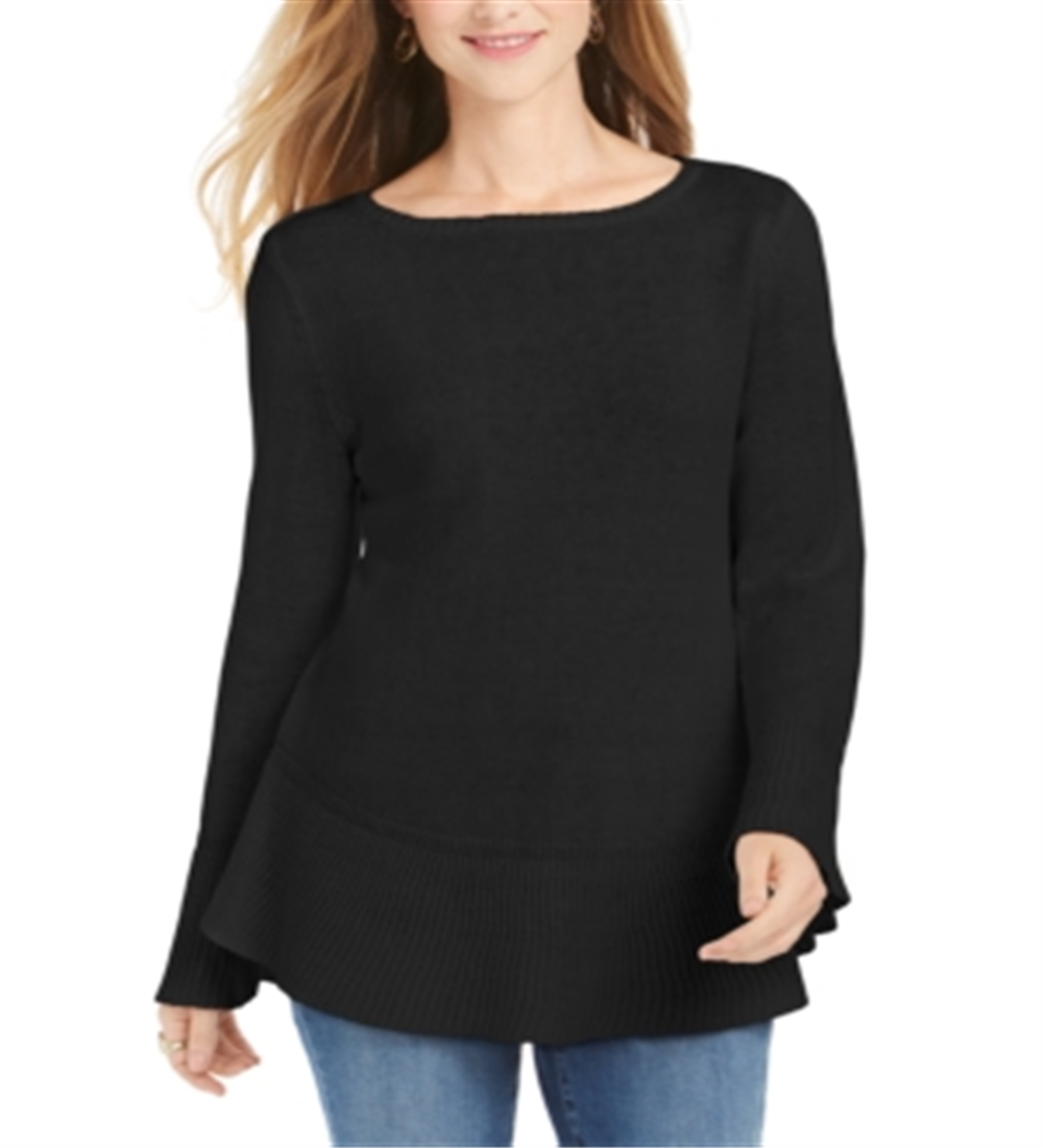 Style & Co Women's Ribbed Patterned Long Sleeve Jewel Neck Blouse Sweater Black Size Petite Small
