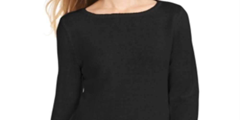 Style & Co Women's Ribbed Patterned Long Sleeve Jewel Neck Blouse Sweater Black Size Petite Small