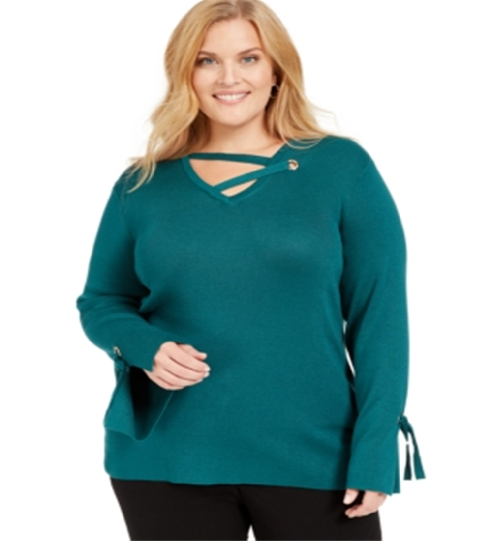 JM Collection Women's Plus Grommet Detail Sweater Green Size OX