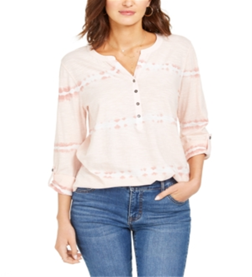 Style & Co Women's Cotton Tie Dyed Split Neck Top  Pink Size Large