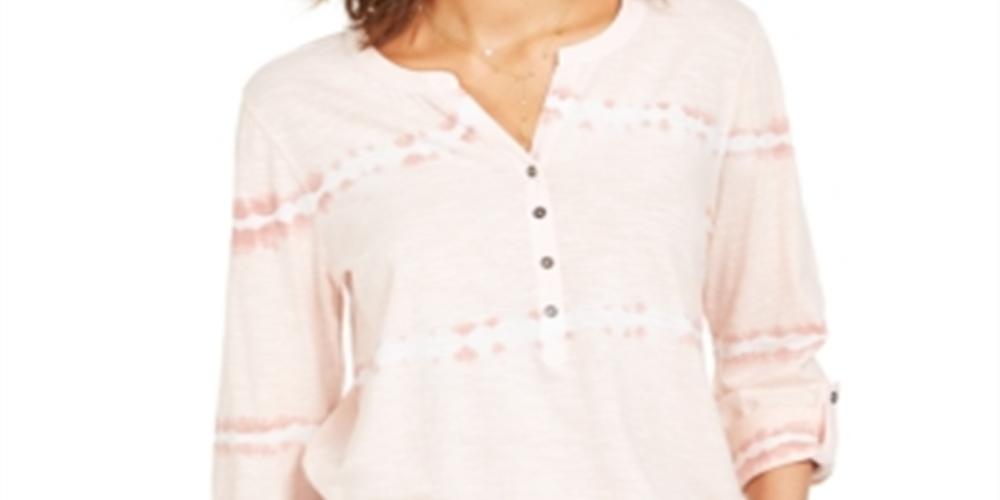 Style & Co Women's Cotton Tie Dyed Split Neck Top  Pink Size Large