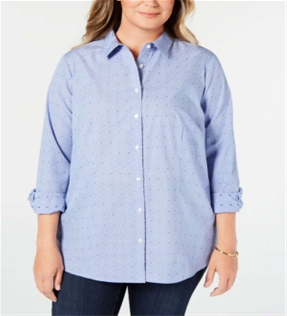 Charter Club Women's Plus Cotton Dress Shirt  Blue Size 14W