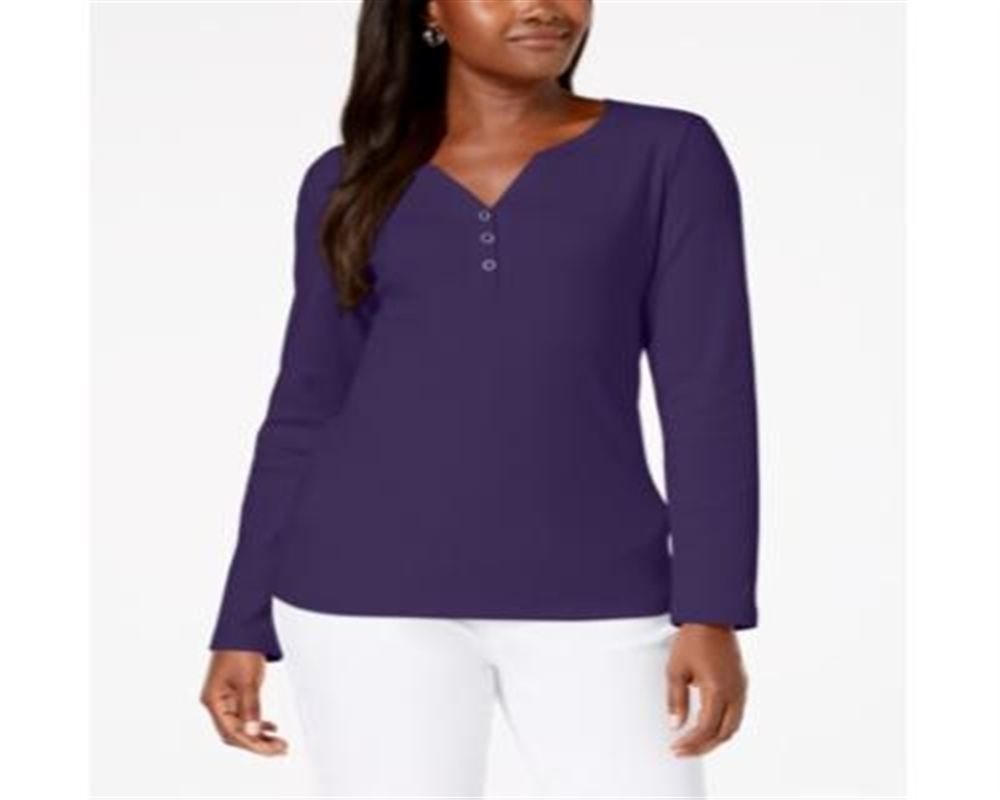 Karen Scott Women's Cotton Henley Top Purple Size Medium