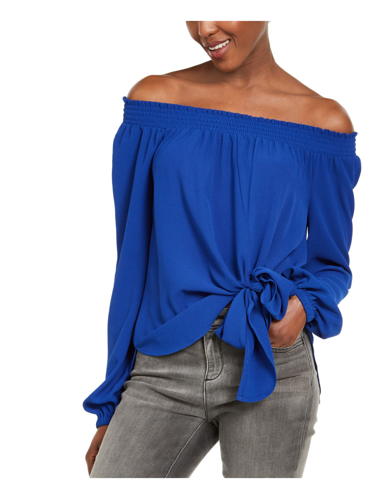 Michael Kors Women's Tie Front Smocked Off The Shoulder Top Blue Size Medium