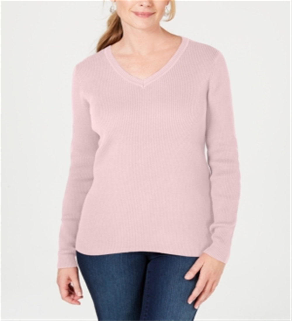 Karen Scott Women's Cotton V Neck Sweater Pink Size Small