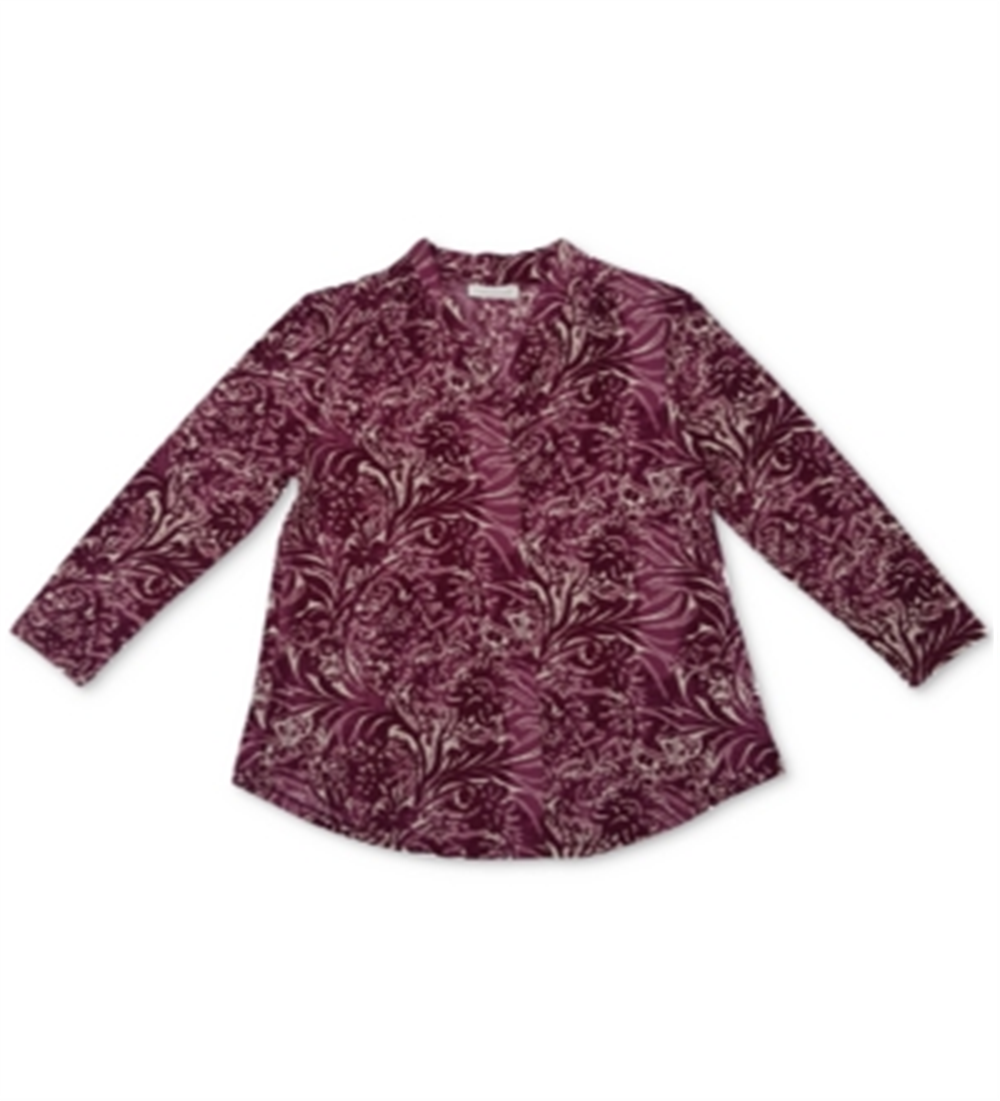 Charter Club Women's V Neck Printed Three Quarter Sleeve Top  Red Size Large
