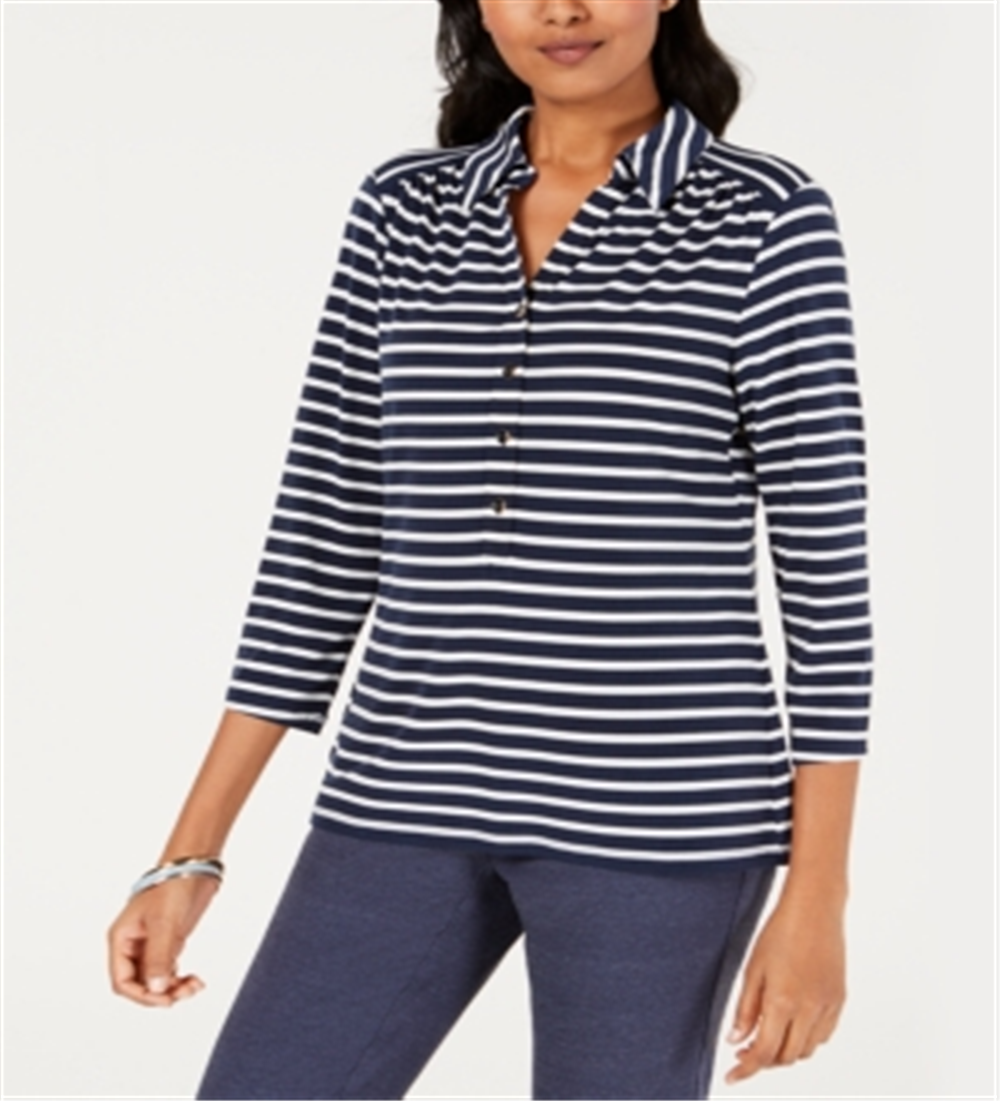 Charter Club Women's Printed Stripe Knit Top  Navy/White Size Medium
