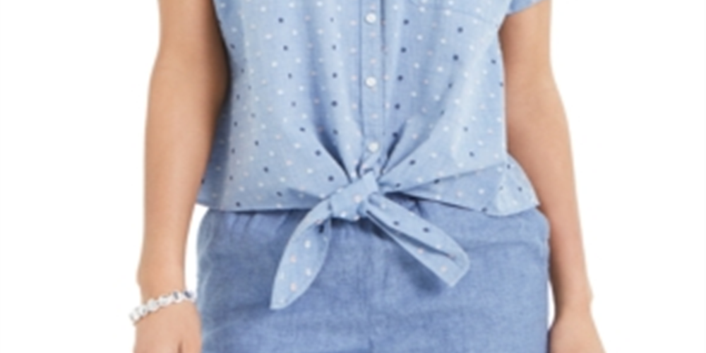 Charter Club Women's Cotton Embroidered Tie Front Shirt Blue Size Large