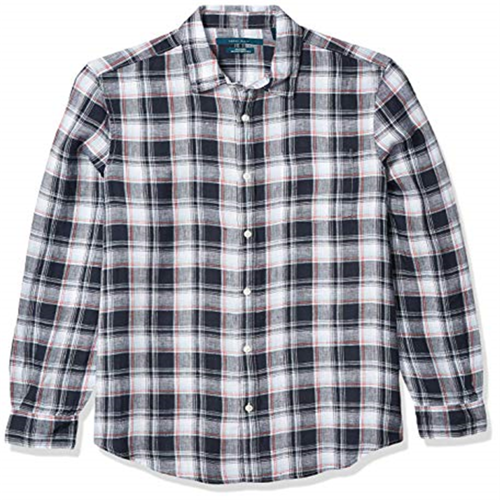 Perry Ellis Men's Linen Plaid Button Down Shirt Gray Size Large