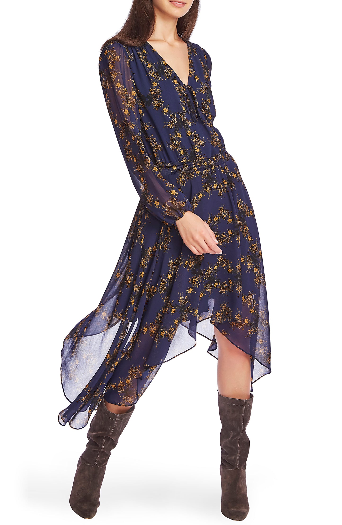 1.STATE Women's Printed Handkerchief MIDI Dress Blue Size Medium