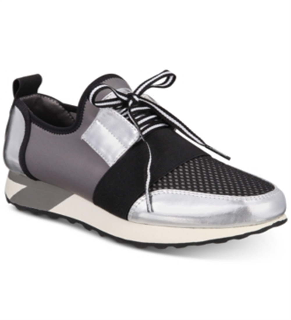 Material Girl Women's Camouflage Mixed Media Color Block Elastic Strap Heel Tab Faux Laces Cushioned Metallic Annya Almond Toe Wedge Gray Size 8 M