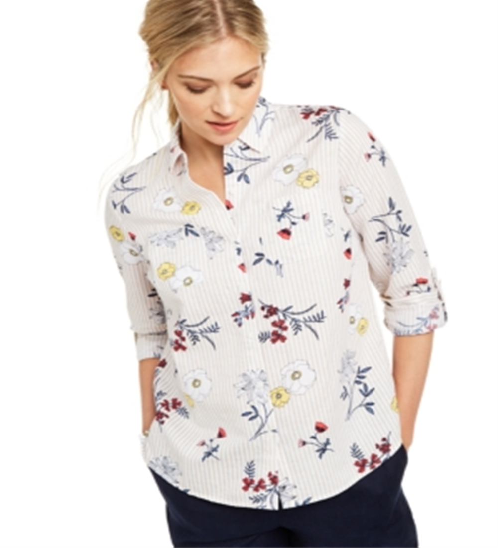Charter Club Women's Floral Print Button Down Linen Shirt Red Size X-Large