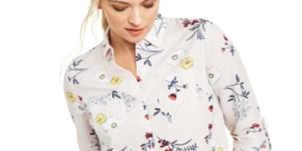 Charter Club Women's Floral Print Button Down Linen Shirt Red Size X-Large