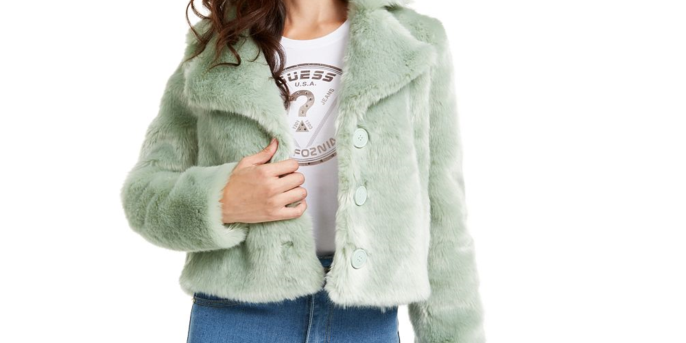 Guess Women's Minted Faux Fur Coat Green Size XL