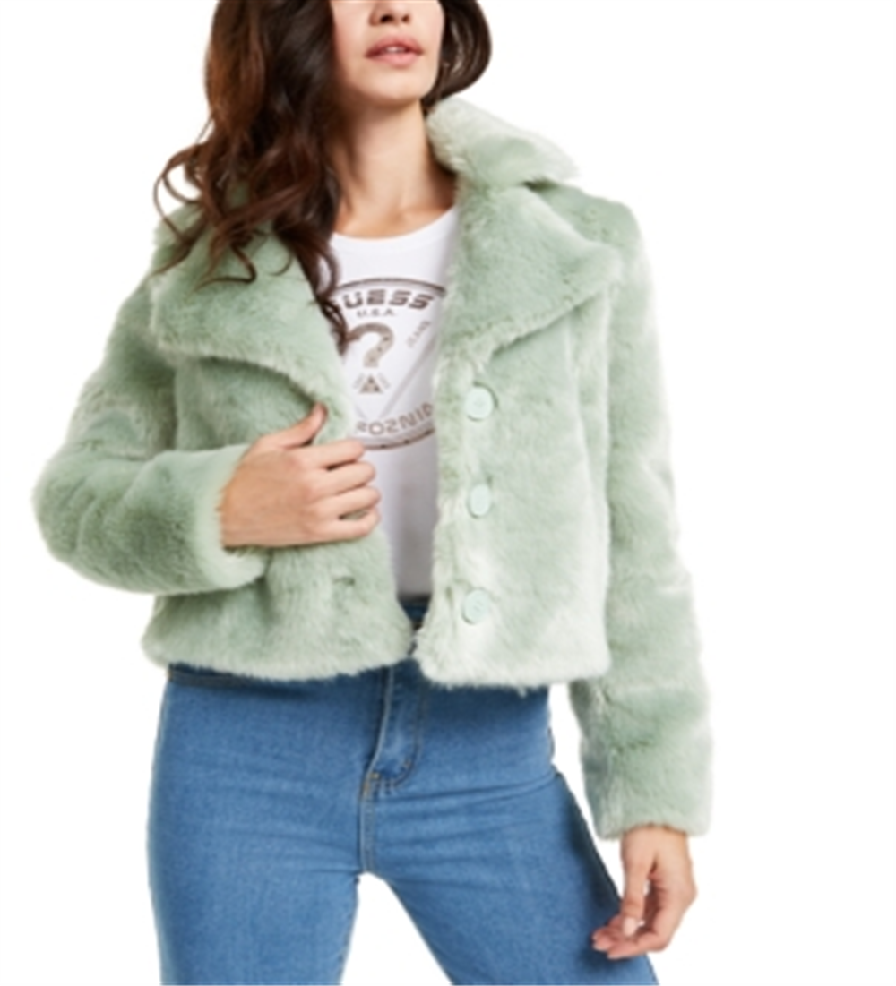 Guess Women's Minted Faux Fur Coat Green Size -M